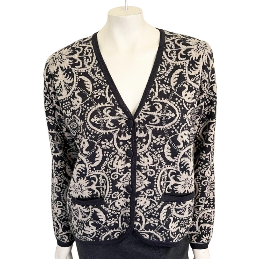 VTG RENA ROWAN Baroque Knit Long Sleeve V-neck Lambswool Cardigan SZ S